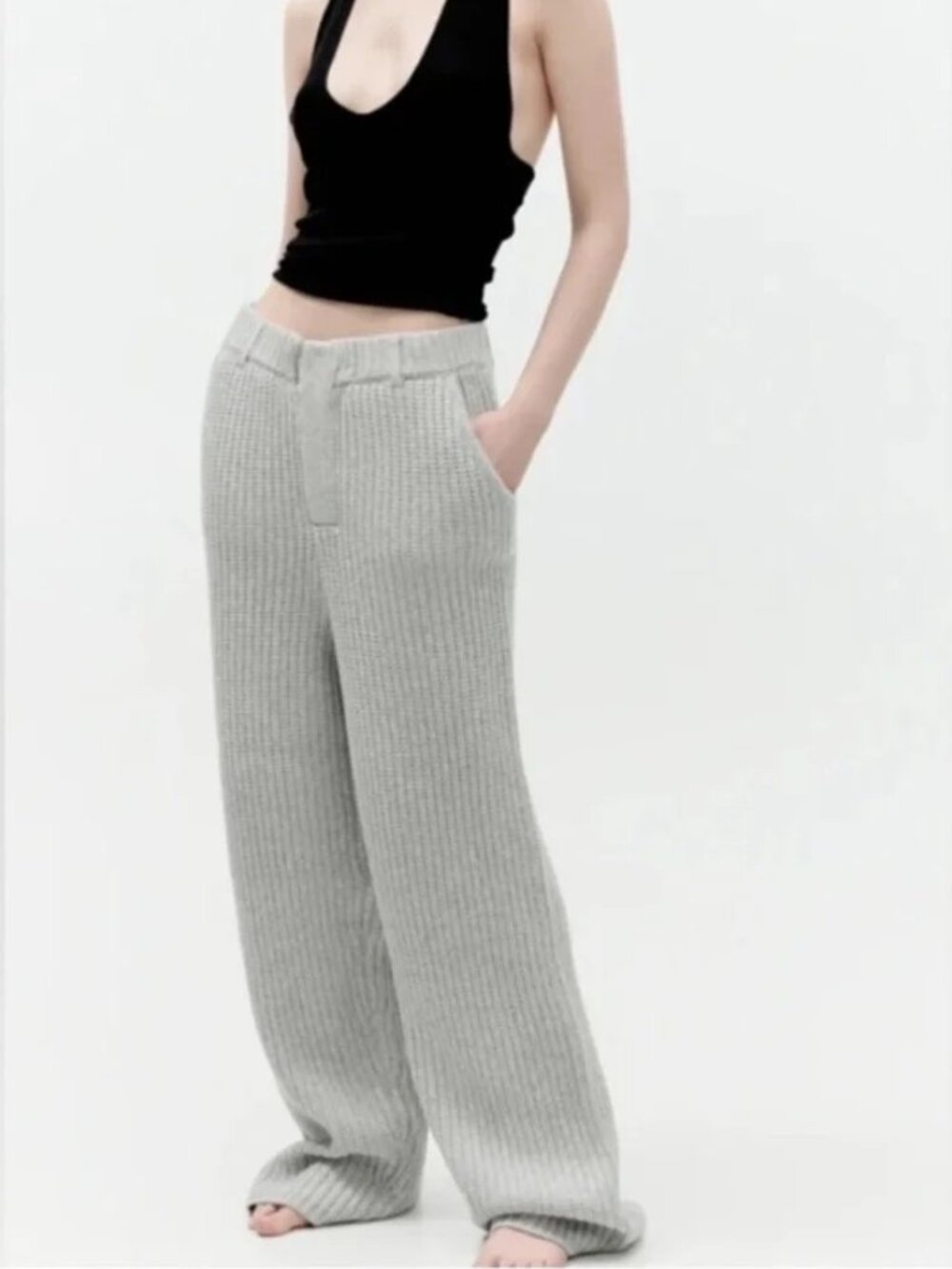 Aya Muse Light Gray Ribbed Wide Leg Chunky Knit Wool Cashmere Pants Size M NWT